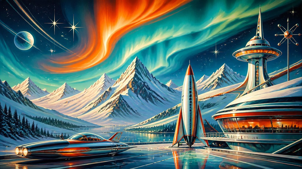 a flowing aurora over snowy peaks, wide sweeping composition, no people, no text