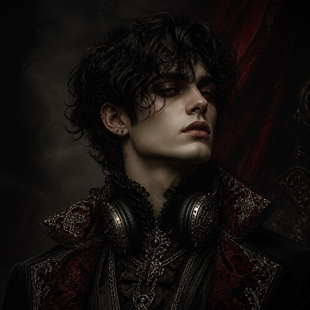 head-and-shoulders portrait of an original character: a young man with curly dark hair and headphones around his neck, plain backdrop, no text
