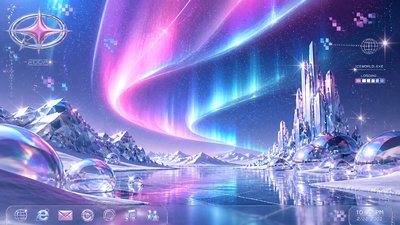 a sweeping aurora over a frozen lake, no people