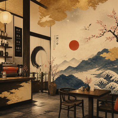 cozy cafe interior with warm lighting