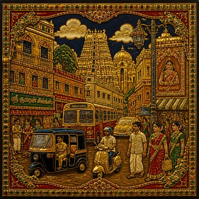 urban street with city activity — Thanjavur Art Style