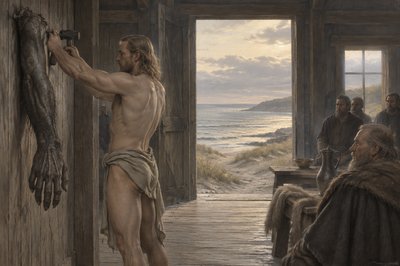 Grendel's severed arm is nailed to a wooden wall by the ignudi Beowulf 