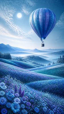 a hot air balloon drifting over rolling flower fields on a sunny day, cheerful, no text