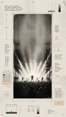 a live music scene with a glowing stage and silhouetted crowd, energetic vertical composition with open space at the top, no text