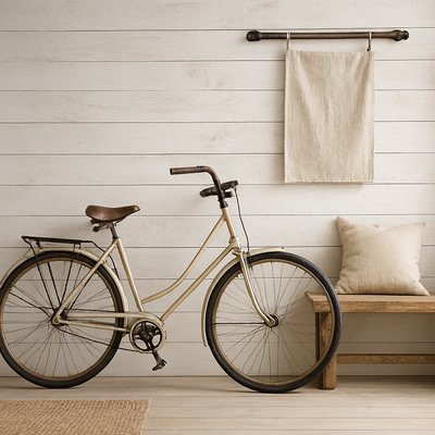 bicyle resting against a wall