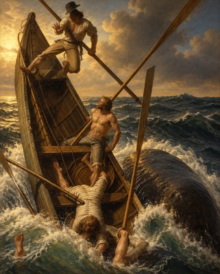 a painting of men in a boat in the ocean