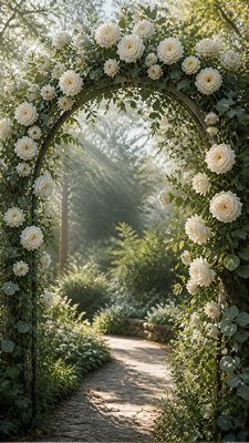 an arch of white roses and eucalyptus in soft morning light, elegant vertical composition with open space, no text
