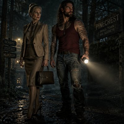 Je veux 2 personnages en mode horreur , une femme, un peu âgée avec un chignon hyper élégante habillé en beige et marron, jupe, blazer, talons, elle a l’air implabcable un deuxième personnage sexe masculin gentil et blanc, cheveux longs barbe débardeur rouge sombre il tient une lampe torche,  il a des tatouages partout comme des paroles et des écritures horizontales sur tout son corp sauf sur son visage il a un jean déchiré un peu et grand musclé un peu poilu je veux qu’on dirait une affiche d’horreur qui soit dans les bois ou dans une petite ville ou dans un café peu importe, il y a une ambiance angoissant et autour de eux c’est la lumière, les deux personnages sont importants donc y en a pas un devant l’autre, ils sont côte à côte à gauche à droite 