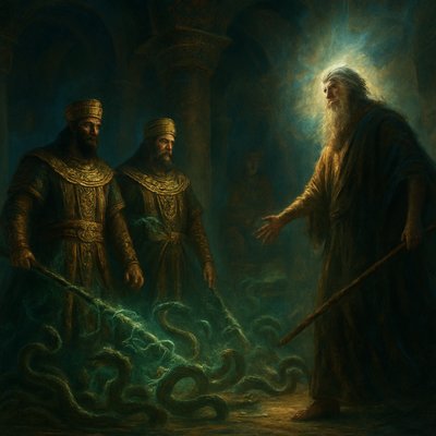 That's an excellent idea for a powerful, dramatic image. Jannes and Jambres opposing Moses is a scene that calls for intense figures and a sense of divine confrontation.

Here is a prompt for ArtStyles.com focusing on Jannes and Jambres, the Egyptian magicians who tried to replicate Moses's miracles:

Jannes and Jambres Prompt

"A dramatic, indoor scene from the Book of Exodus depicting the confrontation between Moses and the Egyptian magicians, Jannes and Jambres, in the court of Pharaoh. In the foreground, Jannes and Jambres stand proudly, dressed in ornate, gold-trimmed Egyptian robes, their faces stern and defiant. They are surrounded by their magical staffs and are attempting to replicate a miracle, perhaps surrounded by writhing, magically created snakes. Moses stands opposite them, his figure conveying authority and resolve, illuminated by a stark, celestial light. The background is a grand, dimly lit hall in the Egyptian palace, filled with massive columns and Pharaoh watching from his throne. The mood is one of intense rivalry, ancient power, and dramatic tension." "cinematic lighting, ultra-realistic, epic scale, magical energy effects"