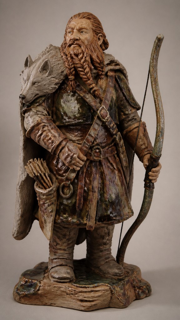full-body original character: a dwarven ranger with a braided auburn beard, worn leather armor, a longbow and a wolf-pelt cloak, neutral background, no text
