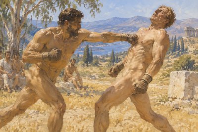 ancient greek boxer without clothes punches his opponent in the chest