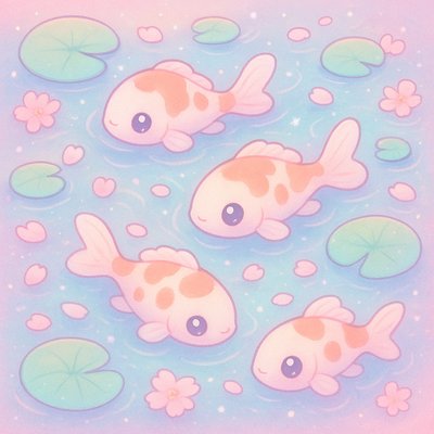 A koi pond seen from above, orange and white koi fish swimming among lily pads, clear water with subtle ripples, fallen cherry blossom petals floating on the surface, dappled sunlight