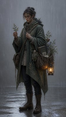 full-body original character: a wandering botanist with a satchel of plants, a patched green cloak, tall boots and round glasses, neutral background