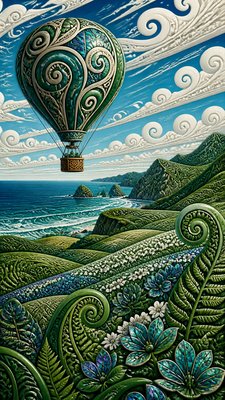a hot air balloon drifting over rolling flower fields on a sunny day, cheerful, no text