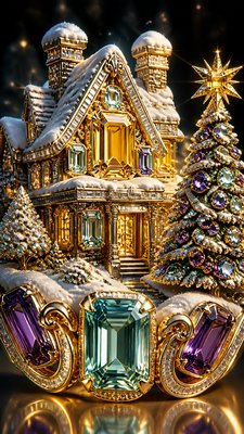 a snow-covered cottage with warm glowing windows beside a decorated pine tree, gentle snowfall, no text