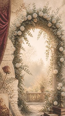 an arch of white roses and eucalyptus in soft morning light, elegant vertical composition with open space, no text