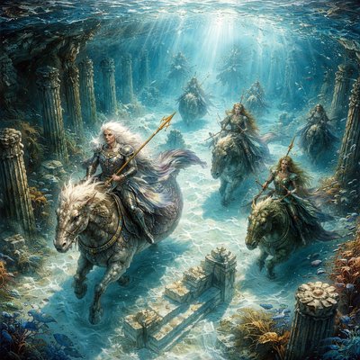 Golden Age Fantasy Illustration Style, Painterly Realism, Crystalline Underwater Photography Aesthetic. A stunning view looking straight down through impossibly clear, glassy ocean water, as if peering over the edge of a ship. Below, on the white sand seabed, are the seaweed-covered ruins of a sunken, ancient civilization.

The Merpeople: A royal hunting party of Narnian Merpeople is riding on seas horses through the submerged streets. They are not gentle, fairy-tale creatures, but possess a wild, fierce majesty. They ride large, powerful, scaled hippocamps (mythical sea-horses).

Key Figures & Details: The Mer-King, with flowing white hair and a stern expression, wears armor crafted from iridescent pearl and abalone shells, brandishing a long spear tipped with gold. His powerful tail is deep amethyst. A fierce Mer-Queen rides beside him, her colors shimmering emerald and gold. Smaller merfolk follow, shaking spears.

Lighting & Atmosphere: Bright shafts of sunlight pierce the deep water, illuminating the underwater dust motes and making the scales of the merfolk and their mounts sparkle intensely. The mood is silent, ancient, and awe-inspiring.