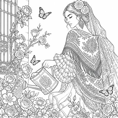 a garden scene with butterflies, flowers and a watering can, clean uncolored line art, no text