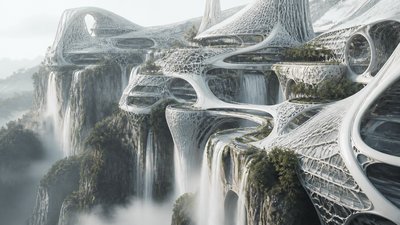 a cliffside city with waterfalls cascading into a misty canyon, wide establishing shot, no people, no text