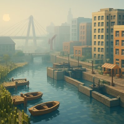 Scene: A small river with wooden docks, rowboats, and reeds evolves into an urban waterfront with canals, bridges, warehouses, and modern apartment buildings along the water.

Details: Boats, water reflections, street furniture, bridge cables, canal locks, cranes, riverside markets.

Lighting/Style: Morning mist over the water, sun reflecting on windows, subtle water movement, gentle waves.
