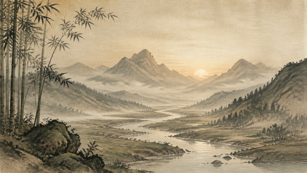 a vast valley with a river winding toward distant mountains at sunrise, no people, no text
