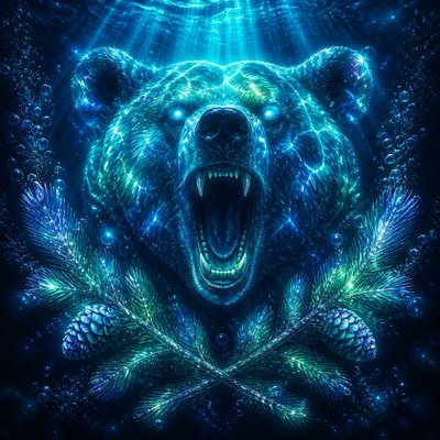 a roaring bear head above crossed pine branches, bold graphic composition on a plain background, no text