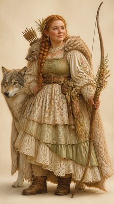 full-body original character: a dwarven ranger with a braided auburn beard, worn leather armor, a longbow and a wolf-pelt cloak, neutral background, no text