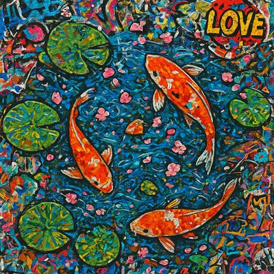 A koi pond seen from above, orange and white koi fish swimming among lily pads, clear water with subtle ripples, fallen cherry blossom petals floating on the surface, dappled sunlight