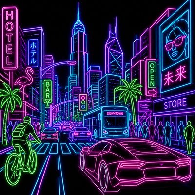 urban street with city activity — Neon Outline Style