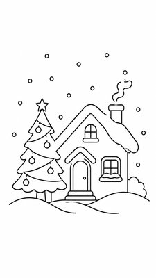 a snow-covered cottage with warm glowing windows beside a decorated pine tree, gentle snowfall, no text