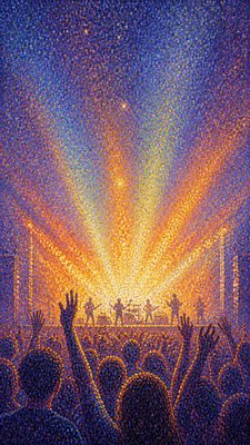 a live music scene with a glowing stage and silhouetted crowd, energetic vertical composition with open space at the top, no text