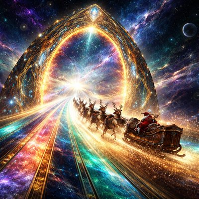 A grand, cinematic wide-angle shot of Santa Claus and his reindeer team galloping across a shimmering, translucent Rainbow Bridge (Bifrost-style) in deep space.

The Bridge & Track: The bridge is a massive, glowing crystalline structure that functions like a celestial racetrack. It features distinct, glowing "cosmic lanes" separated by ribbons of starlight. Along the track are towering, ornate arches that serve as "gates" or "warps," pulsing with magical energy.

The Scene: In the center, Santa’s sleigh is a high-tech, reinforced wooden vessel, leaving a trail of sparkling gold dust. The reindeer are in mid-leap, looking powerful and heroic. They are just passing through a massive, crystalline gate that marks the entrance to a new galaxy.

Background: The background is a vibrant nebula of deep purples, teals, and golds. Distant stars and planets are visible, and the bridge itself stretches out into the infinite distance, winding through the stars.

Style Details:

Visual Style: Epic High-Fantasy meets Sci-Fi (Cyberpunk-adjacent lighting).

Lighting: Dramatic rim lighting on Santa and the reindeer from the glowing bridge below. The "gates" cast a bright, cinematic flare.

Atmosphere: Intense speed, magical wonder, and a sense of an epic, cross-universal mission.