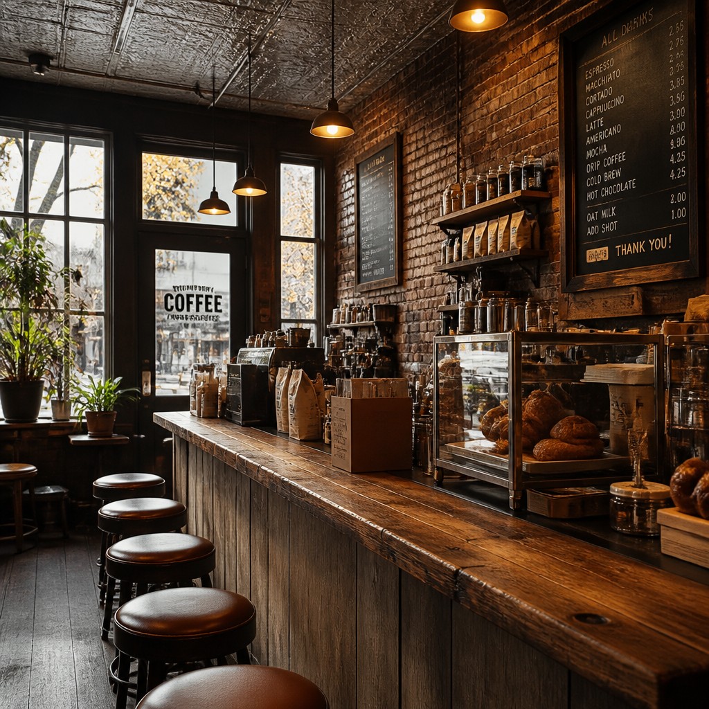 cozy cafe interior with warm lighting
