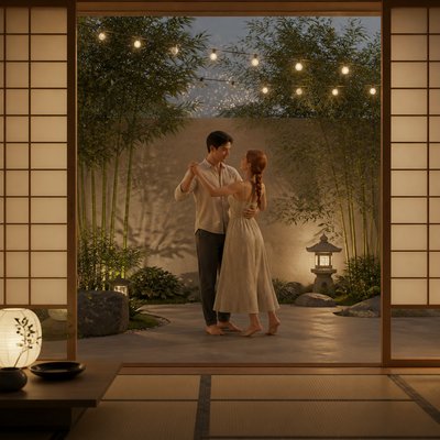 an original couple dancing under string lights in a garden at dusk: a man with short black hair in a linen shirt and a woman with braided red hair in a summer dress