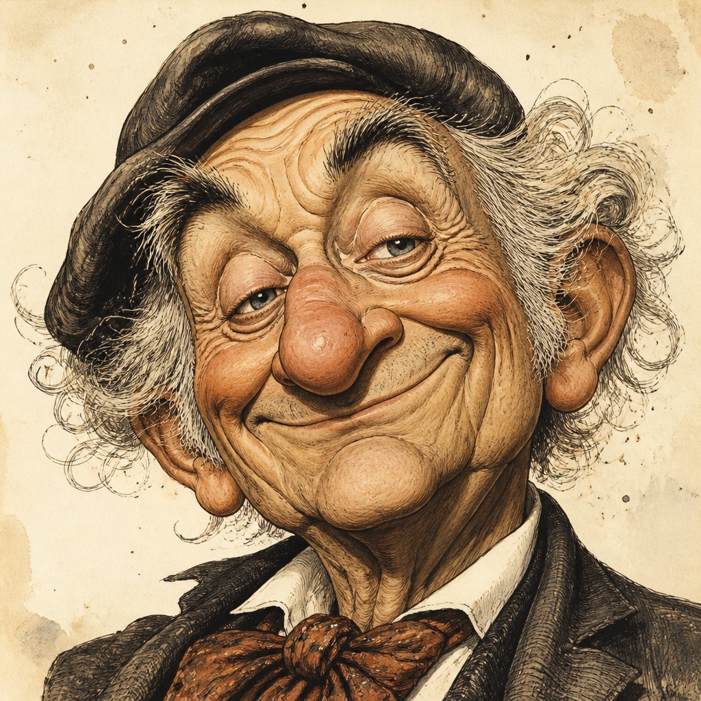 close-up portrait of an elderly person with expressive weathered features — Caricature Art Style