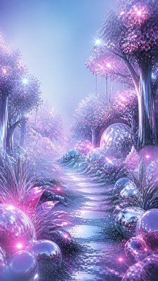 a mysterious forest path with fireflies and drifting mist, atmospheric vertical composition with open space at the top, no text
