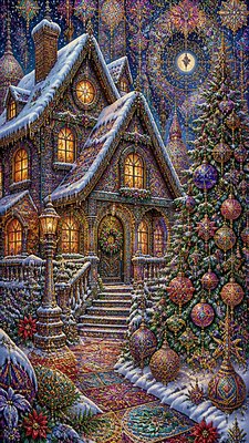 a snow-covered cottage with warm glowing windows beside a decorated pine tree, gentle snowfall, no text