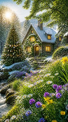 a snow-covered cottage with warm glowing windows beside a decorated pine tree, gentle snowfall, no text