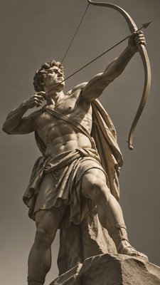 ancient greek archer pointing his bow and arrow upward