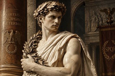 a statue of a man with a wreath around his neck