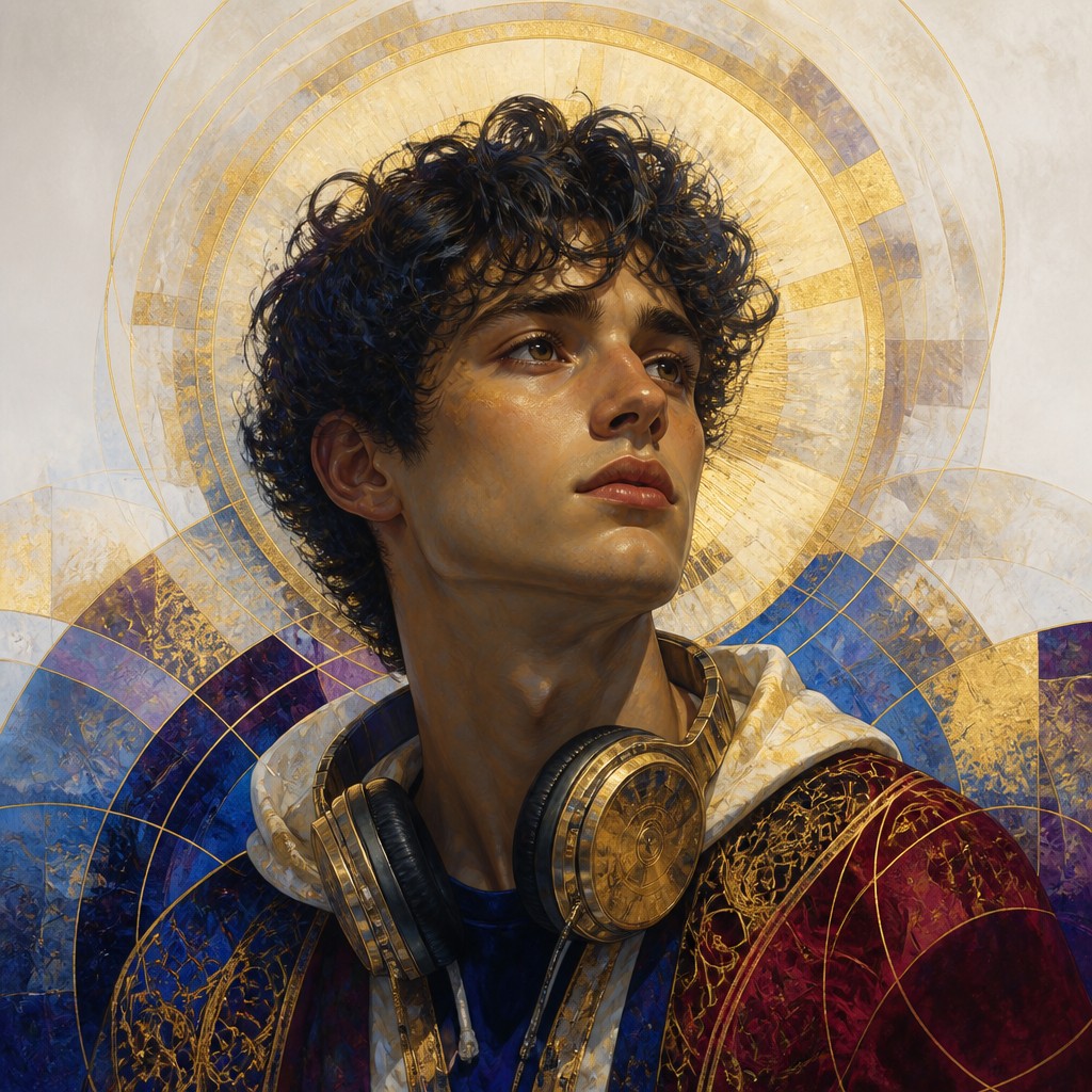 head-and-shoulders portrait of an original character: a young man with curly dark hair and headphones around his neck, plain backdrop, no text