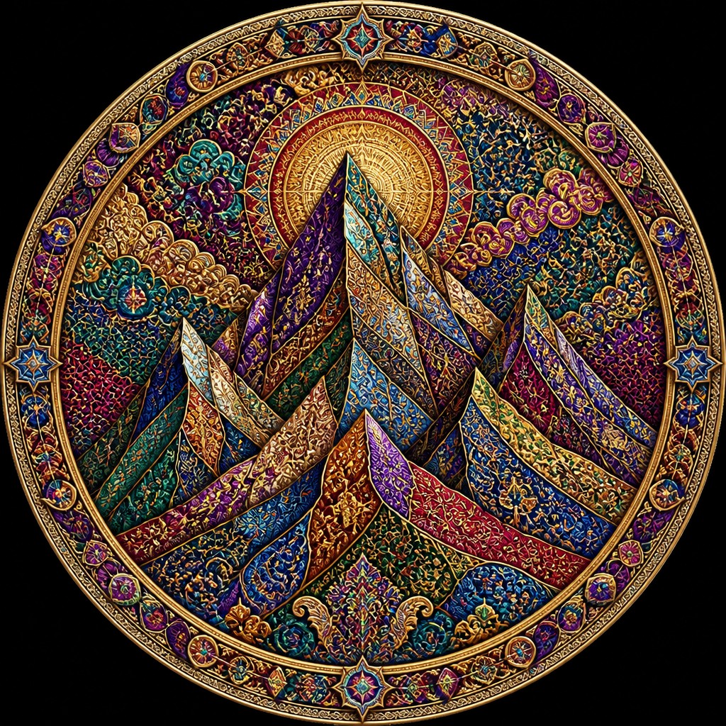 an emblem of a mountain peak inside a circle, simple bold shapes on a plain background, no text or lettering