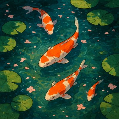 A koi pond seen from above, orange and white koi fish swimming among lily pads, clear water with subtle ripples, fallen cherry blossom petals floating on the surface, dappled sunlight