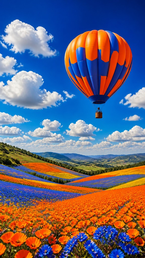 a hot air balloon drifting over rolling flower fields on a sunny day, cheerful, no text