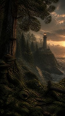 a lone lighthouse on a cliff at dusk under a dramatic sky, no text or lettering