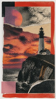 a lone lighthouse on a cliff at dusk under a dramatic sky, no text or lettering