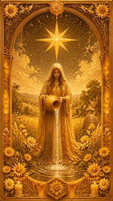 a robed figure pouring water beneath a large eight-pointed star in a night sky, symmetrical composition with an ornate decorative border, no text