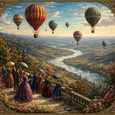 in the style of John Atkinson Grimshaw,
bird’s‑eye view, camera looking downward from a moderate height over hot air balloons rising steadily and moving with the wind through clear blue skies,
subtle curvature of the landscape visible below,
rich jewel‑tone reds, teals, and golds catching warm natural sunlight, realistic wind‑driven motion, natural directional flow, a hillside overlook below with small groups of people watching the balloons, holding umbrellas for shade, wearing Victorian‑style clothing,
long tailored coats, layered skirts, high collars,
grounded composition, realistic atmospheric depth, cinematic painterly