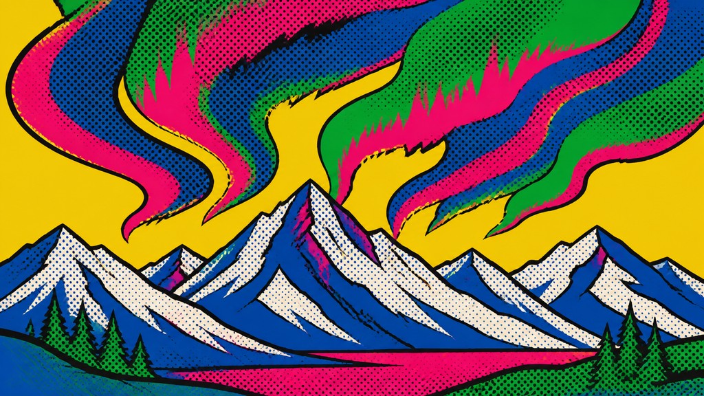 a flowing aurora over snowy peaks, wide sweeping composition, no people, no text