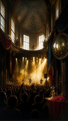 a live music scene with a glowing stage and silhouetted crowd, energetic vertical composition with open space at the top, no text
